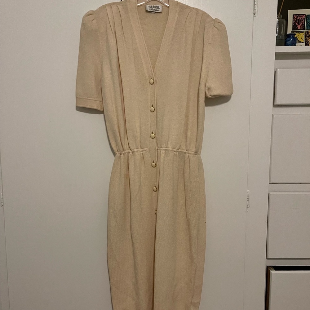 Vintage St. John Cream Midi Dress with Button Detail